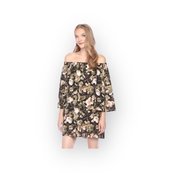 new French Connection 𑁍 Dream Floral Print Off Shoulder Mini Dress 𑁍 Olive 𑁍 XS - Picture 3 of 16